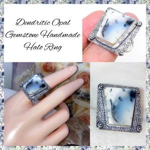 Dendritic Opal Gemstone Unique Handmade Halo Ring